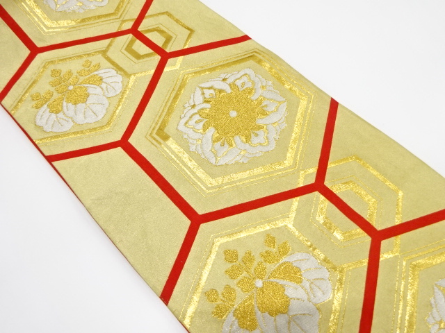 アンティーク　亀甲に華紋織り出し袋帯（着用可）